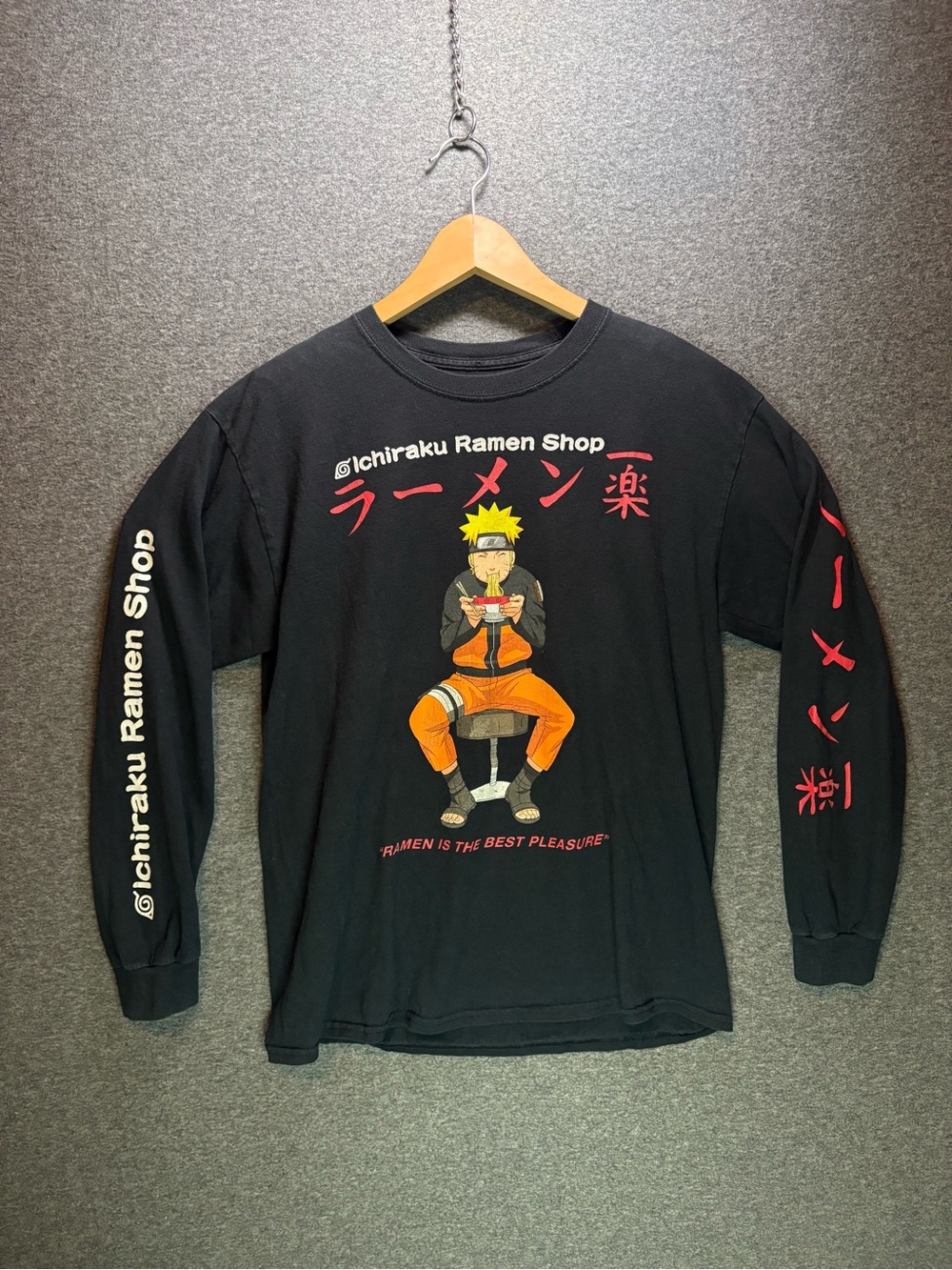 Y2K Anime Naruto Uzumaki Ramen Shop Long Sleeve Black Graphic Shirt Large